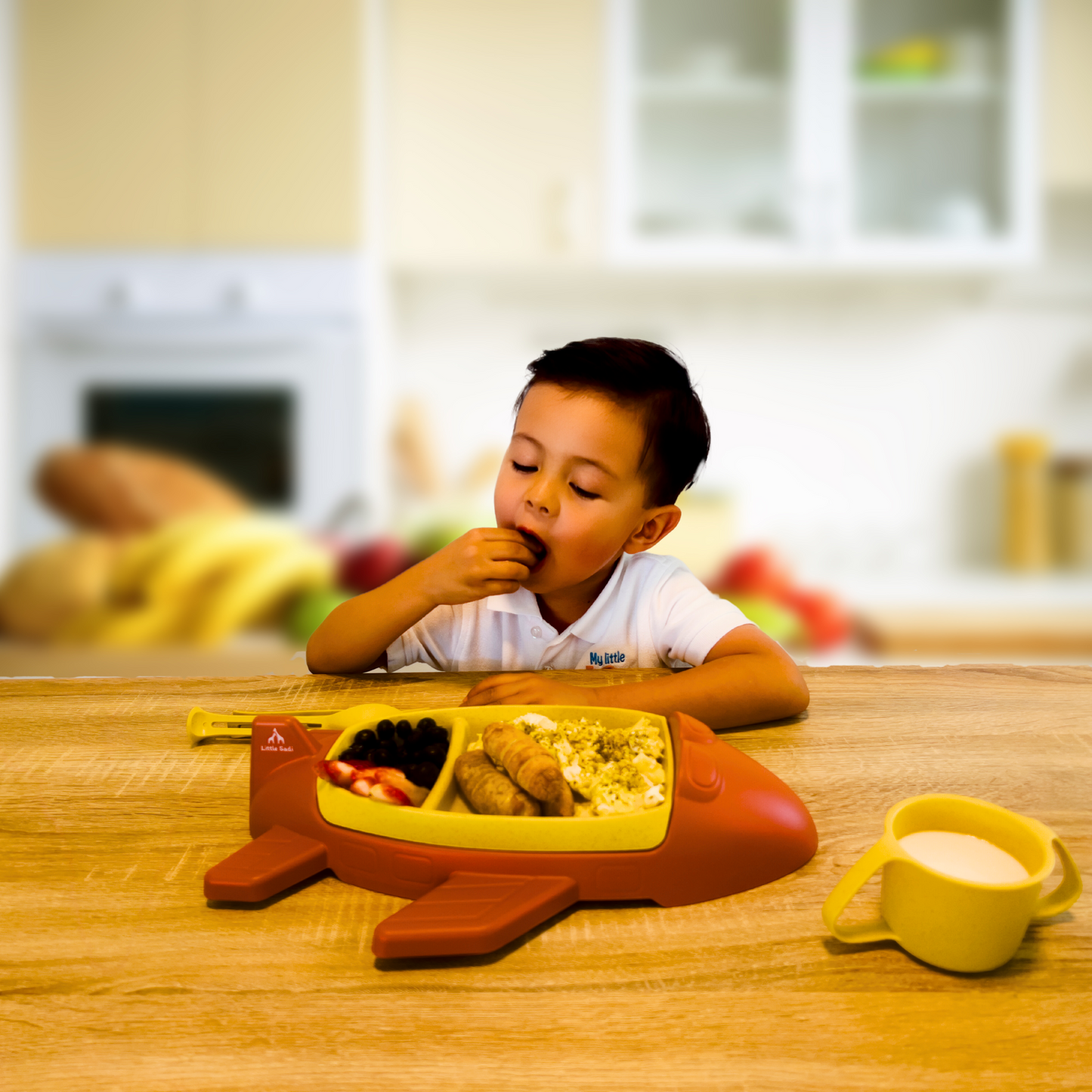 Little Sadi Airplane Kids Dinnerware Set, Wheat Straw & Food-Grade PP Toddler Plate , Divided Baby Dish with Cup & Utensils – BPA-Free, Lightweight & Durable