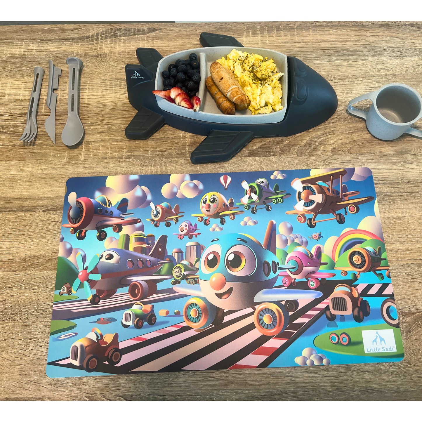 Little Sadi Airplane Kids Dinnerware Set, Wheat Straw & Food-Grade PP Toddler Plate , Divided Baby Dish with Cup & Utensils – BPA-Free, Lightweight & Durable