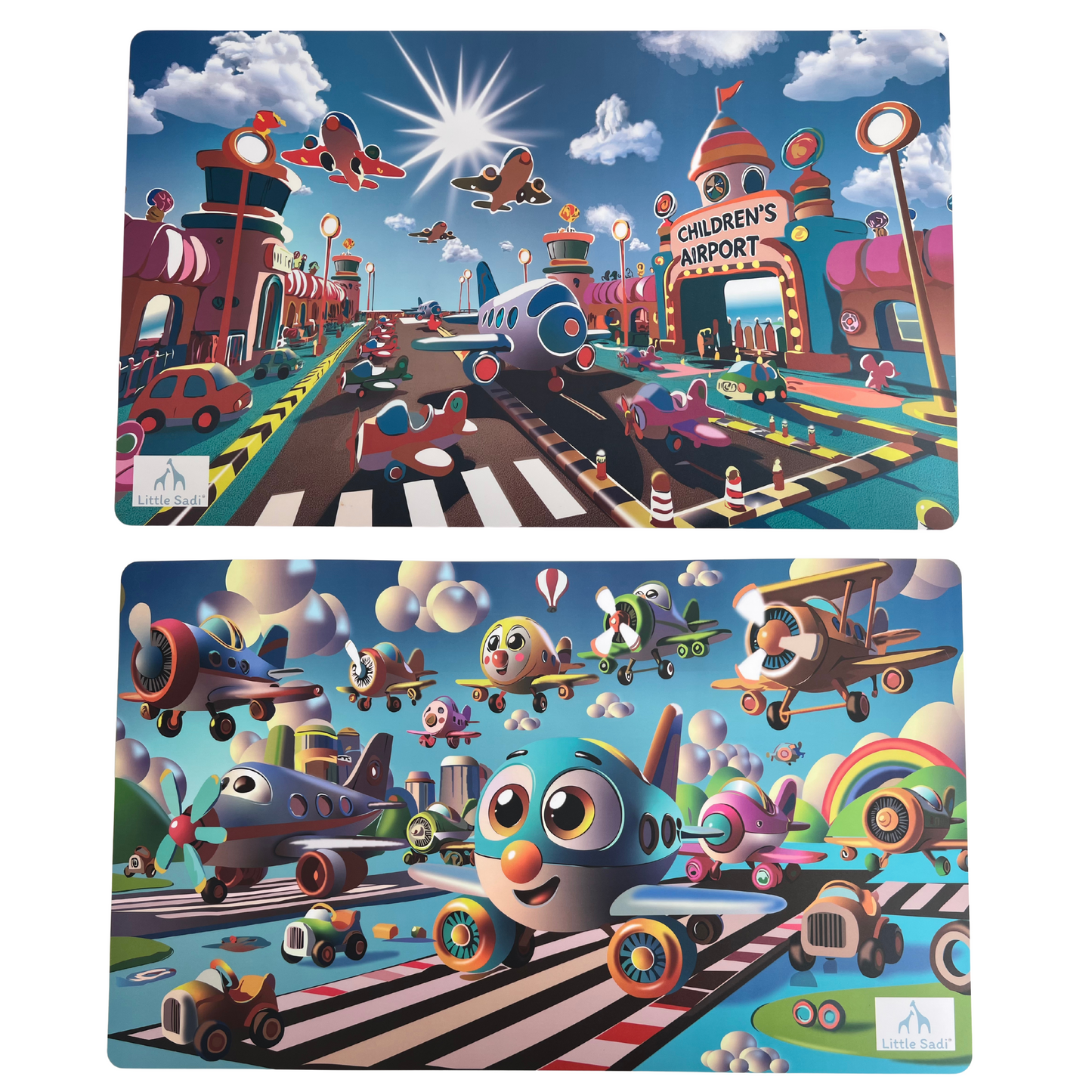 Little Sadi Happy Airplanes Placemat and Children´s Airport Placemat. Fun & Colorful Kids (2) Table Mat, Waterproof, Easy to Clean,Perfect for Mealtime & Playtime
